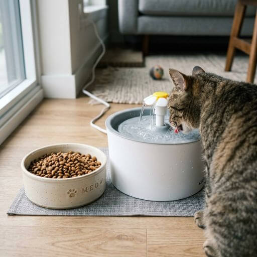 Tigela de ração seca colocada perto de uma fonte de água corrente para gatos.