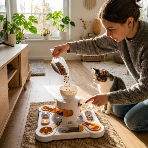Tutor alimentando o gato em um comedouro interativo no mesmo horário diário.