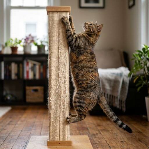 Gato em apartamento feliz alongando o corpo em um arranhador vertical.