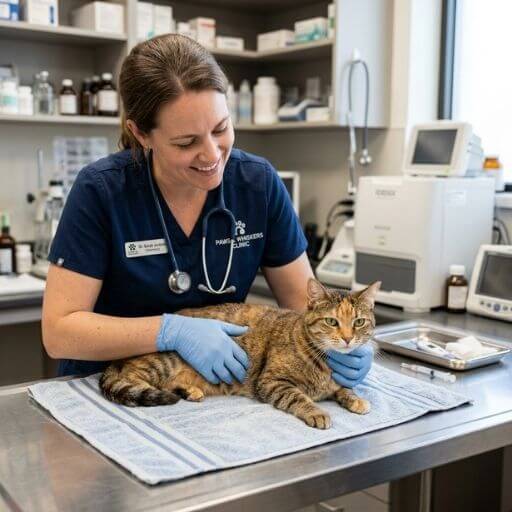 Veterinário examinando um gato calmo no consultório.