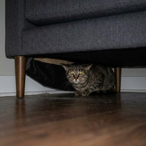 Gato com postura tensa escondido debaixo do sofá.