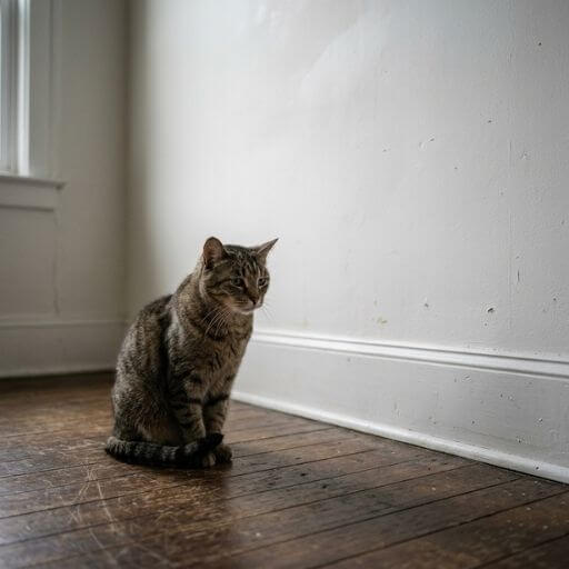 Gato entediado olhando para a parede antes do enriquecimento ambiental.