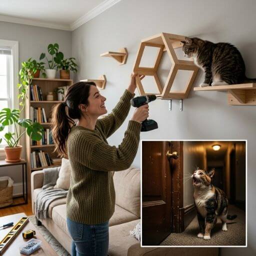 Tutor montando um circuito vertical para garantir um gato em apartamento feliz.