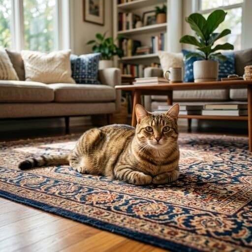 Gato saudável e confiante deitado no centro da sala.