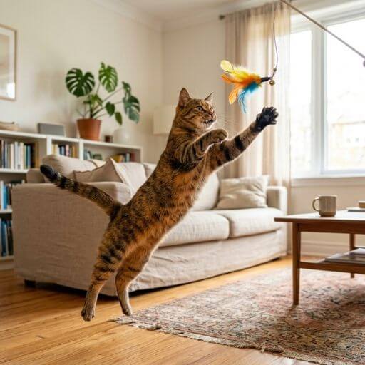 Gato em apartamento feliz pulando para pegar uma pena de brinquedo.