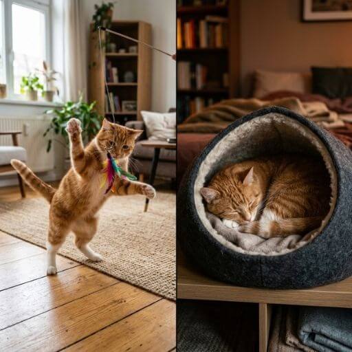 Gato alternando entre brincar com varinha e dormir em uma toca.
