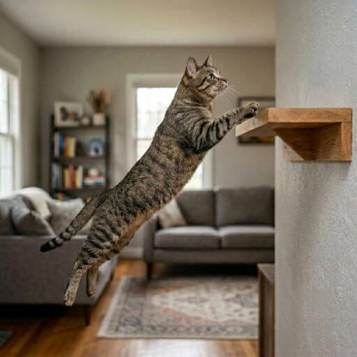 Gato atlético capturado a meio de um salto seguro para uma prateleira robusta, ilustrando a biomecânica felina no apartamento.