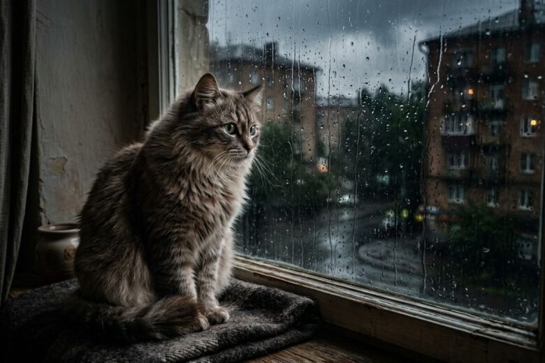 Gato triste a esperar pelo tutor na janela, sofrendo de ansiedade por separação em gatos no apartamento.