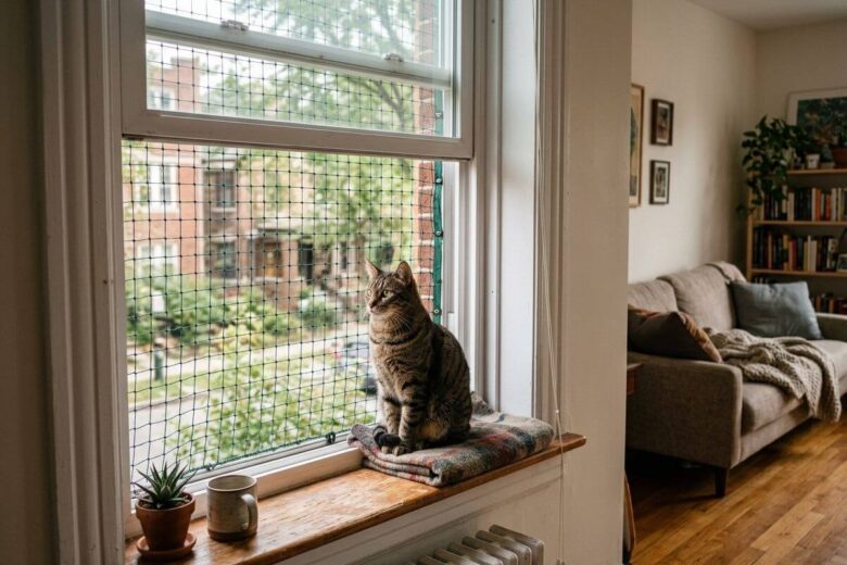 Apartamento Seguro para Gatos: O Guia Definitivo de Cat Proofing Para Evitar Acidentes 10 Apartamento seguro para gatos com uma janela padrão parcialmente aberta e protegida externamente por uma rede de segurança, com um gato a olhar para a rua.