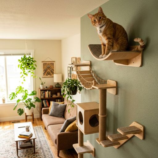 Brinquedos com Catnip Funcionam? A Ciência e os Benefícios Explicados 7 Enriquecimento ambiental felino com prateleiras e brinquedos para gatos para promover o bem-estar animal.