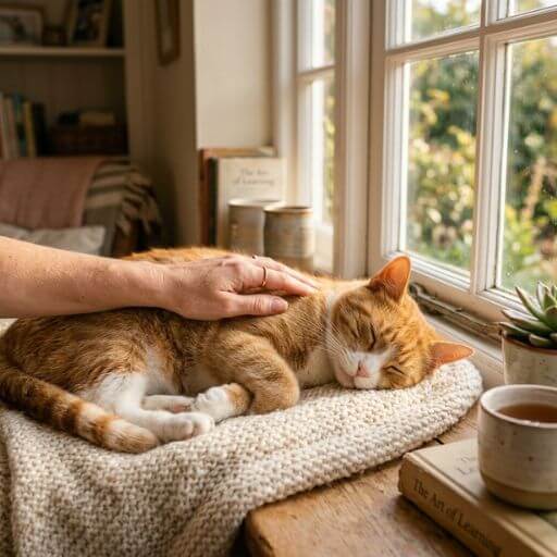 Tutor a acariciar carinhosamente o seu gato que descansa em segurança, representando o bem-estar animal e a paz de espírito.