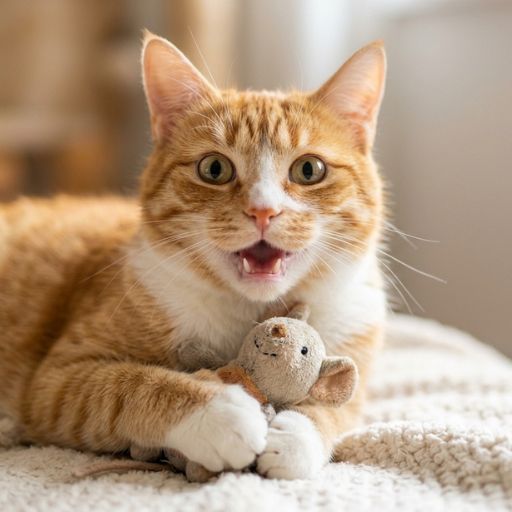 Brinquedos com Catnip Funcionam? A Ciência e os Benefícios Explicados 2 Gato doméstico com olhos arregalados a esfregar o focinho num rato de pelúcia com catnip no chão da sala de um apartamento.