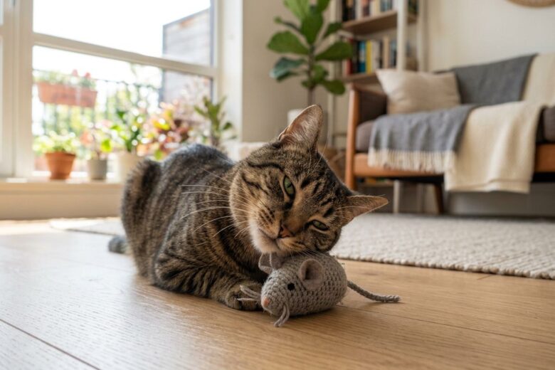Gato rajado a esfregar o focinho num rato de pelúcia com catnip no chão da sala de um apartamento.