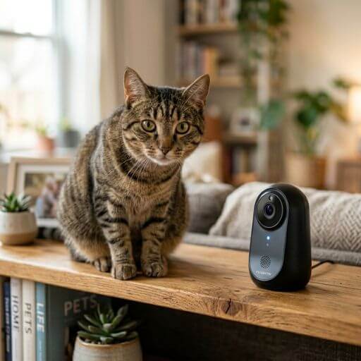 Gato doméstico curioso a olhar para uma pequena câmara de monitorização inteligente instalada na estante do apartamento.