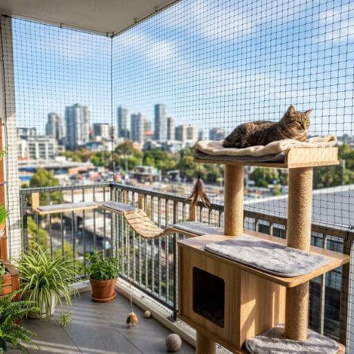 Varanda de apartamento transformada num Catio seguro, totalmente fechada com telas de proteção, onde um gato descansa ao sol num arranhador.