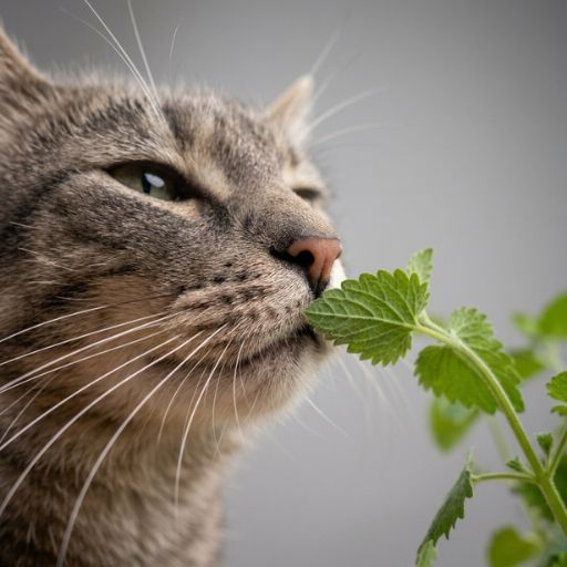Brinquedos com Catnip Funcionam? A Ciência e os Benefícios Explicados 3 Gato a cheirar uma folha verde fresca de nepeta cataria num ambiente de apartamento.