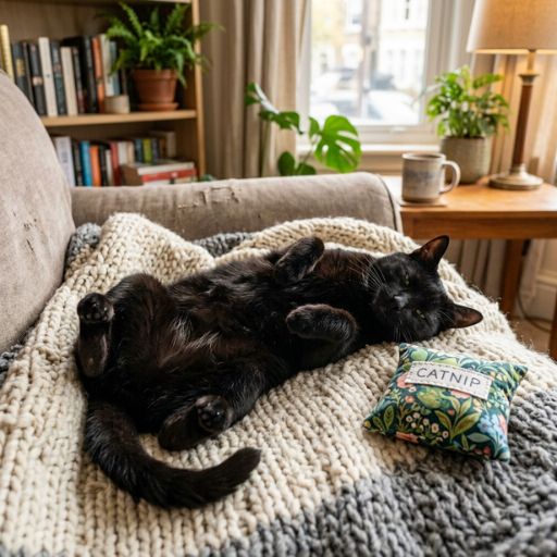 Brinquedos com Catnip Funcionam? A Ciência e os Benefícios Explicados 4 Gato preto relaxado deitado de costas ao lado de uma almofada com erva do gato para alívio do estresse.