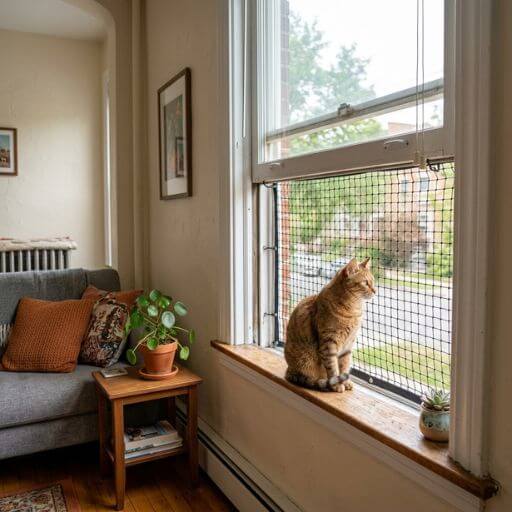 Apartamento seguro para gatos com uma janela padrão parcialmente aberta e protegida externamente por uma rede de segurança, com um gato a olhar para a rua.