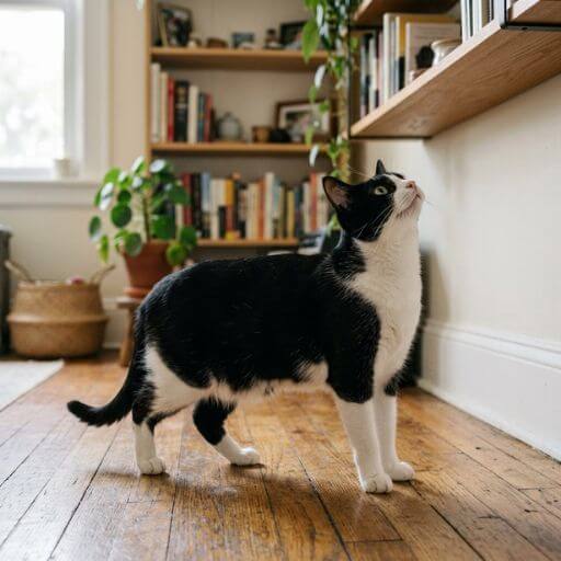 Gato doméstico curioso a olhar para cima, a analisar as distâncias para um salto arriscado numa prateleira da sala.