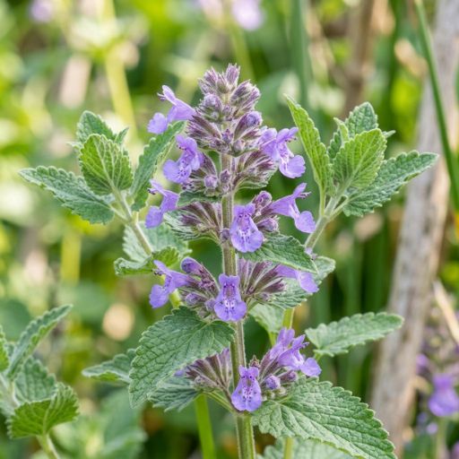 Brinquedos com Catnip Funcionam? A Ciência e os Benefícios Explicados 9 Planta nepeta cataria com flores roxas e folhas verdes em detalhe macro.