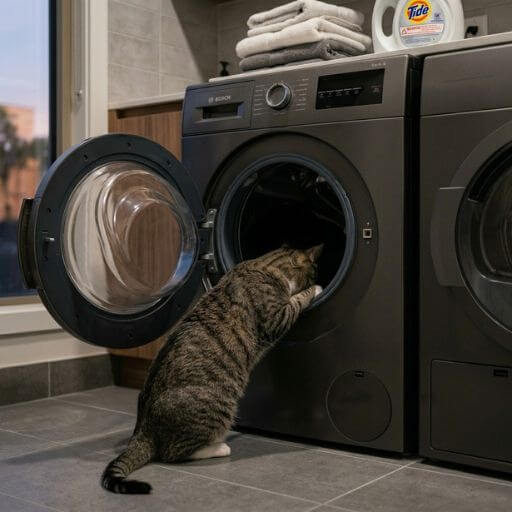 Gato doméstico curioso a espreitar para o interior do tambor escuro de uma máquina de lavar roupa com a porta aberta na lavandaria.