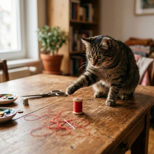 Gato doméstico a brincar perigosamente com um novelo de linha de costura desenrolado em cima de uma mesa.