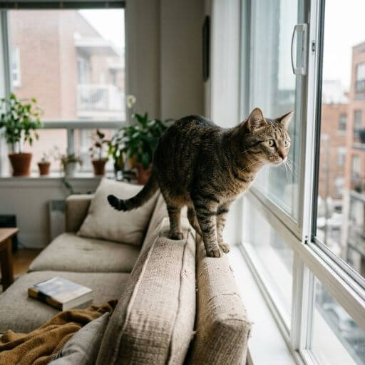 Gato doméstico curioso a caminhar no encosto de um sofá perto de uma janela sem tela, ilustrando o perigo oculto em apartamentos.