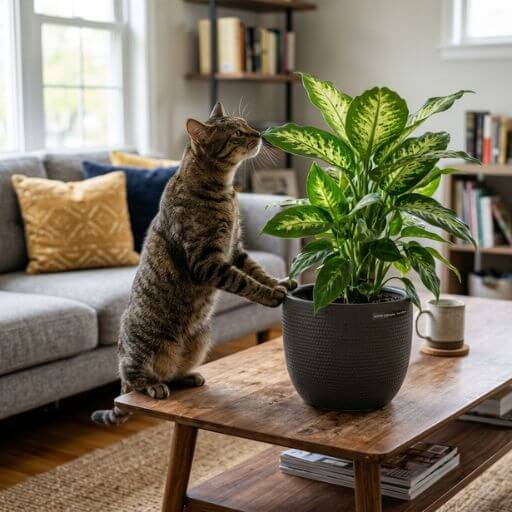 Gato doméstico curioso a tentar cheirar um vaso de plantas decorativas na mesa de centro de um apartamento.