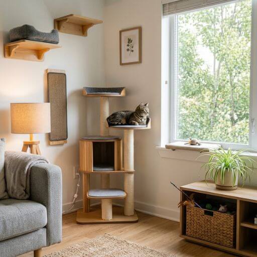 Apartamento seguro para gatos com uma janela padrão parcialmente aberta e protegida externamente por uma rede de segurança, com um gato a olhar para a rua.