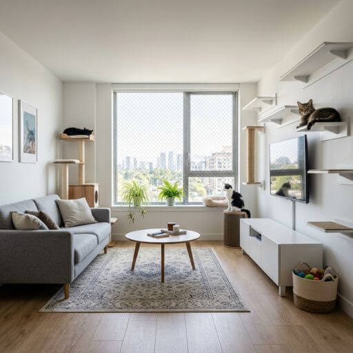 Uma sala de estar perfeitamente otimizada e segura para gatos, com fios escondidos, redes nas janelas e prateleiras robustas.