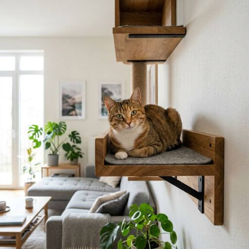Gato doméstico seguro e confortável a descansar numa prateleira de parede robusta e bem fixada numa sala moderna.