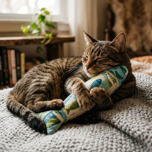 Brinquedos com Catnip Funcionam? A Ciência e os Benefícios Explicados 8 Gato doméstico abraçado a uma almofada macia com erva de gato sob iluminação suave.
