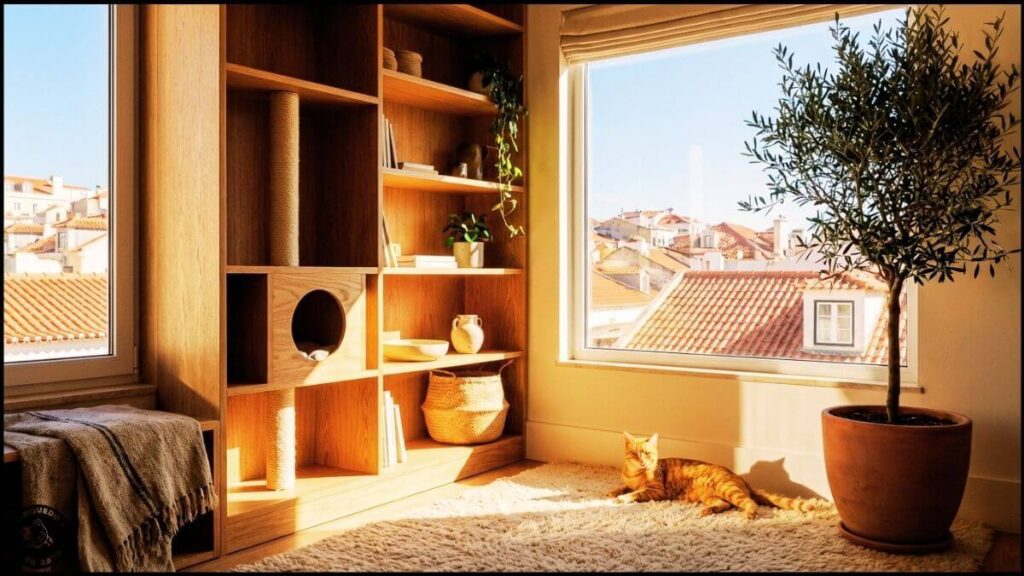 Ambiente doméstico em Portugal preparado com móveis e brinquedo de gato.