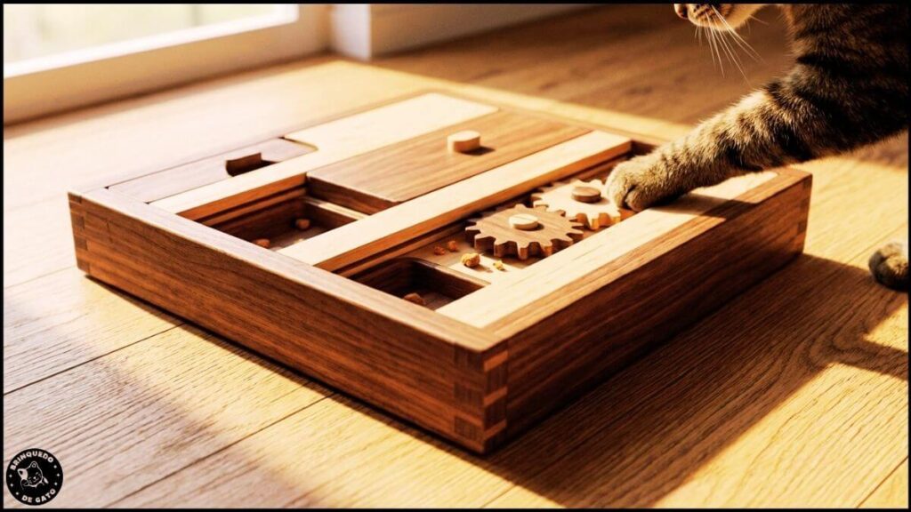 Brinquedo de gato de madeira para estímulo mental.