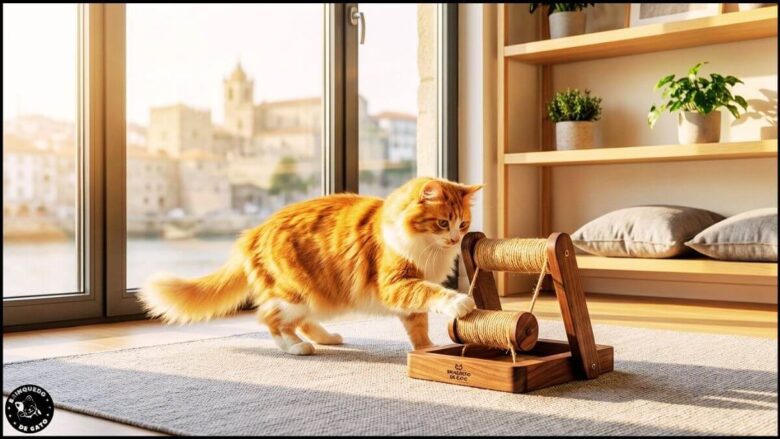 Ambiente doméstico em Portugal preparado com móveis e brinquedo de gato.