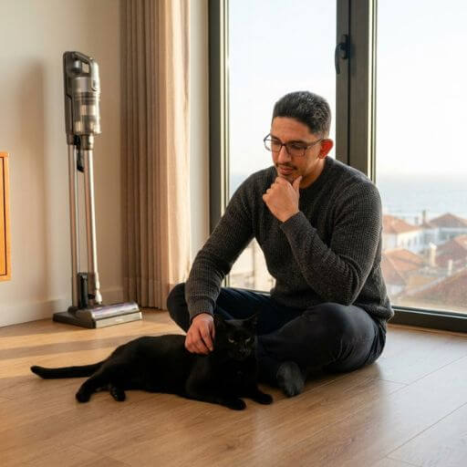 Tutor aliviado a fazer carinho num gato preto num chão de apartamento impecável limpo pelo aspirador pet.