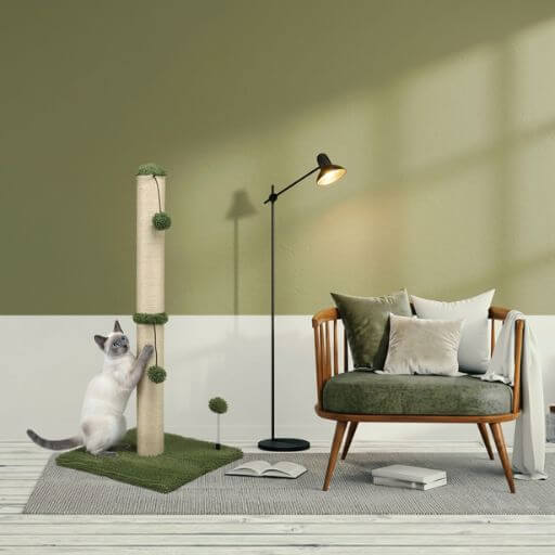 Gato siamês a afiar as unhas e a esticar-se num arranhador vertical verde com design premium ao lado de uma poltrona na sala de estar.