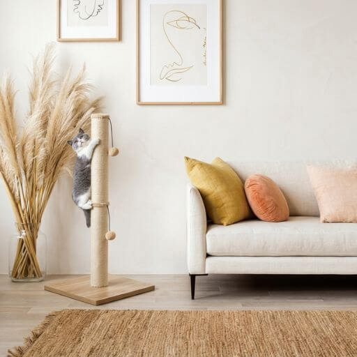 Gato subindo num arranhador vertical de sisal bege, perfeitamente integrado na decoração de uma sala de apartamento moderno.