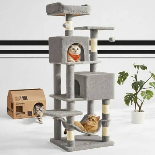 Imagem mostrando vários gatos numa árvore para gatos do lado direito um gato saindo de uma caixa de papelão.