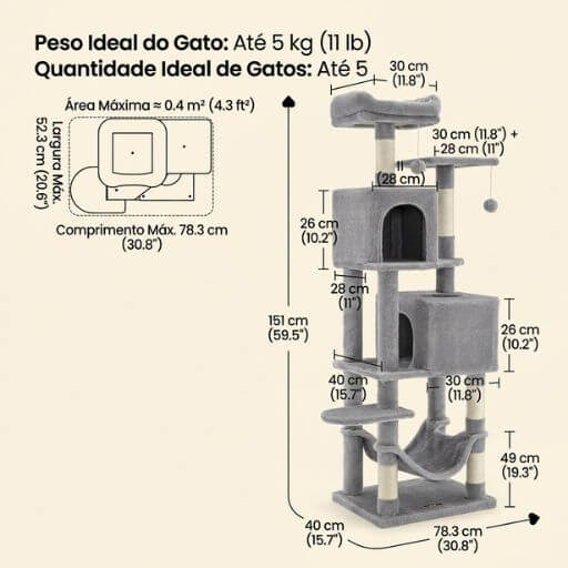 Gráfico de movimento mostrando as medidas e o peso suportado além das rotas de salto e escalada numa torre vertical para gatos.