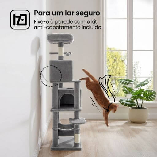 Ilustração de um gato a saltar na árvore para gatos presa firmemente à parede com o kit anti-capotamento.