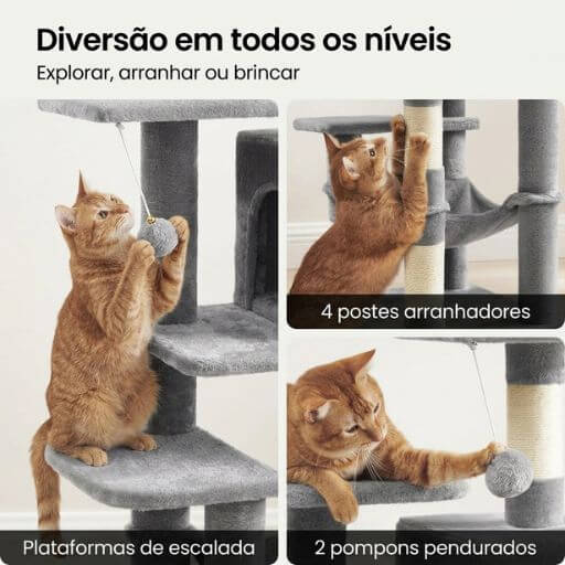 Gato amarelo a brincar com pompons e a afiar as garras nos postes arranhadores da torre vertical.
