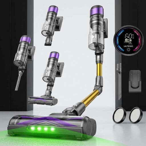 Aspirador vertical pet moderno com display digital e acessórios avançados para limpeza de apartamento com gatos.
