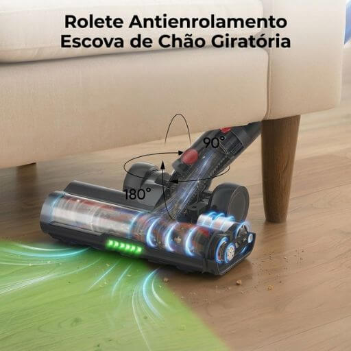 Aspirador de pó pet profissional limpando pelos de gato debaixo do sofá com escova rotativa de 180 graus.