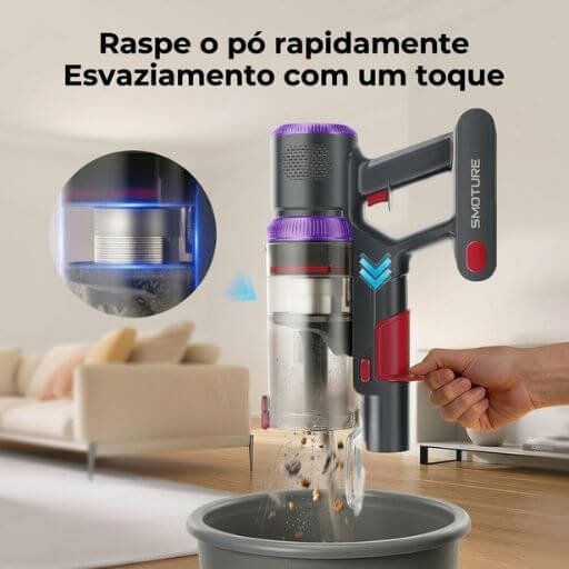 Esvaziamento higiênico do filtro HEPA do aspirador de pó para quem tem alergia a gatos, sem contato com a sujeira.