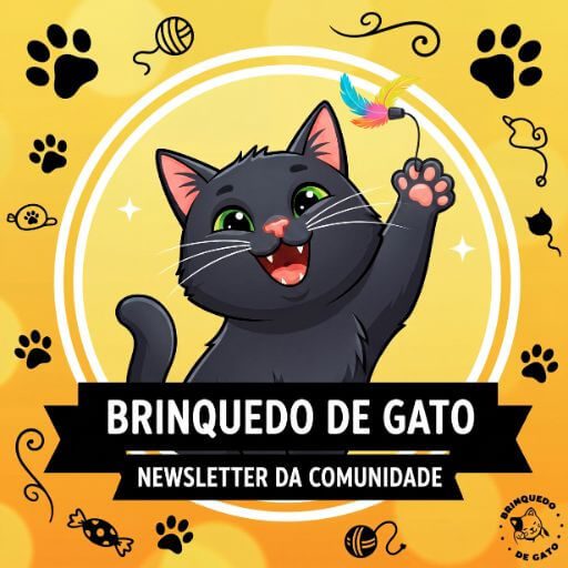 Uma ilustração acolhedora e animada de um gato preto curioso a olhar para o ecrã de um telemóvel com um ícone de correio eletrónico, convidando para a comunidade.