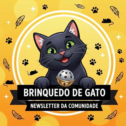 Uma ilustração acolhedora e animada de um gato preto curioso a olhar para o ecrã de um telemóvel com um ícone de correio eletrónico, convidando para a comunidade.