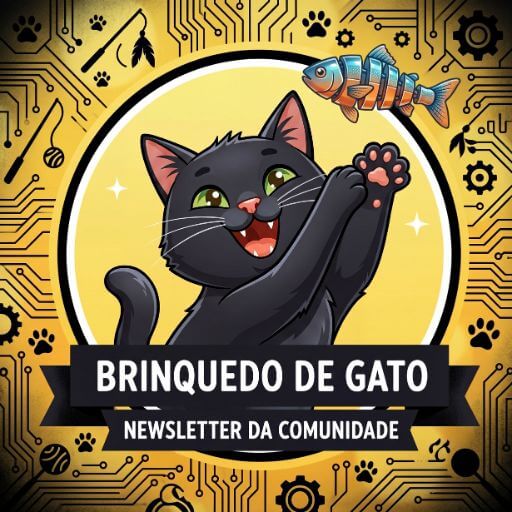 Uma ilustração acolhedora e animada de um gato preto curioso a olhar para o ecrã de um telemóvel com um ícone de correio eletrónico, convidando para a comunidade.