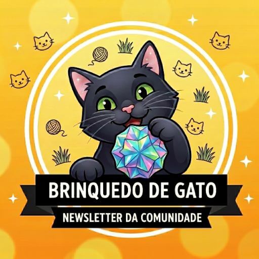 Uma ilustração acolhedora e animada de um gato preto curioso a olhar para o ecrã de um telemóvel com um ícone de correio eletrónico, convidando para a comunidade.