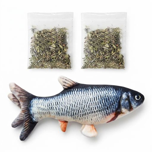 Brinquedo de peixe realista com saquinhos de catnip que simula movimentos de natação com a cauda.